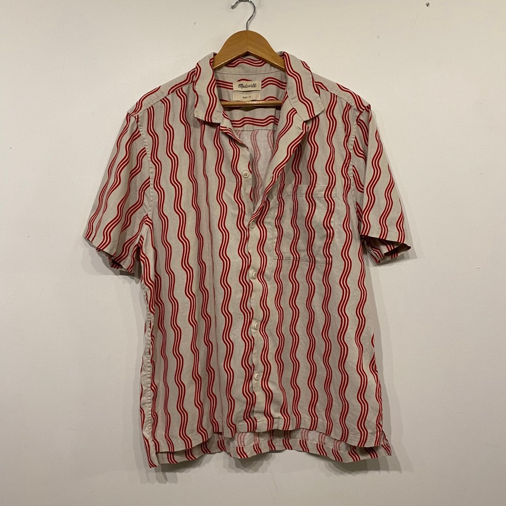 Madewell Mens Easy Fit Hemp Cotton Wavy Stripe Short Sleeve Button Down Shirt L